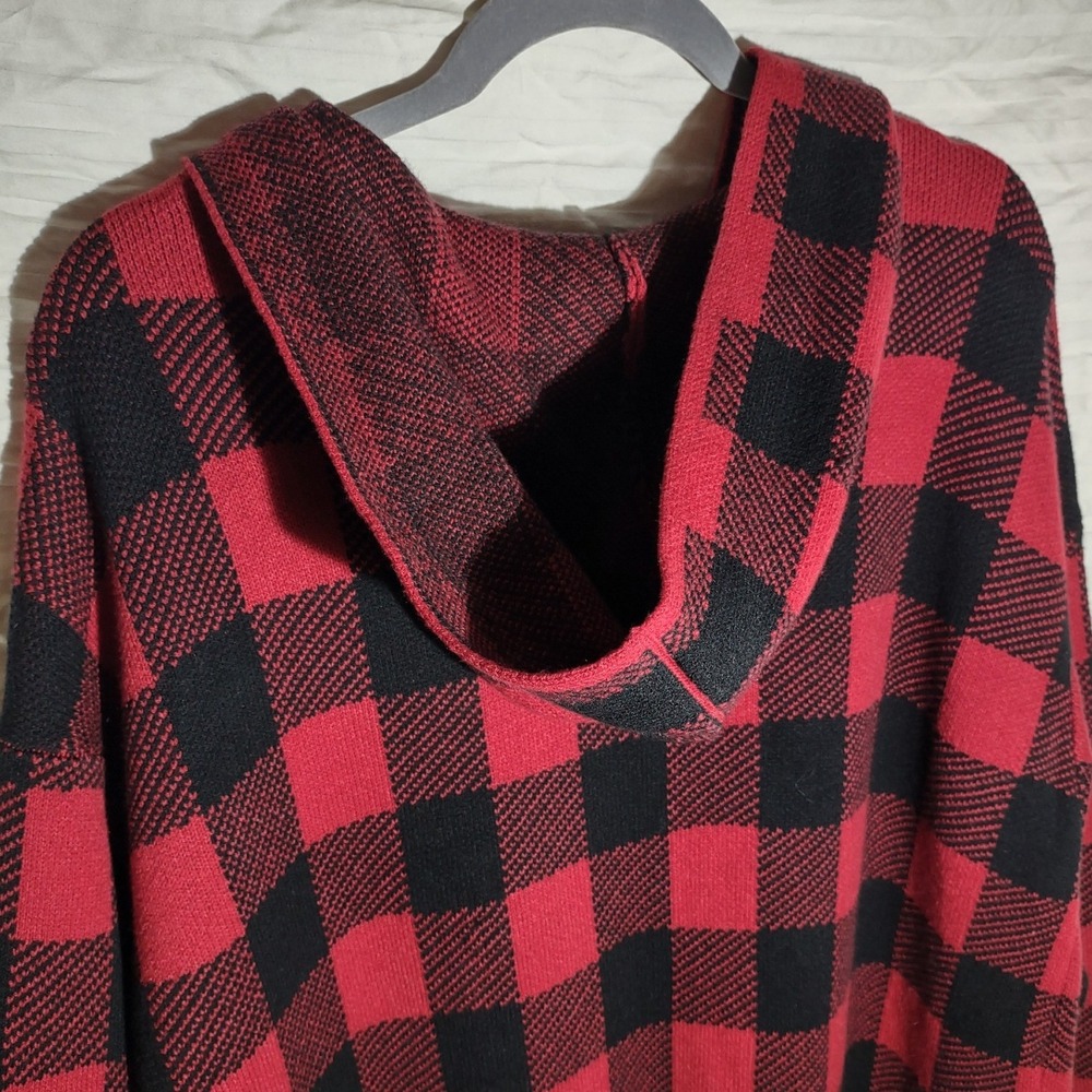 J Jill Buffalo Plaid Open Front Hooded Cardigan Sweater Women XL Red Black - Picture 3 of 7